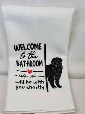 Welcome to the Bathroom Golden Retriever Cotton Hand Towel - White
